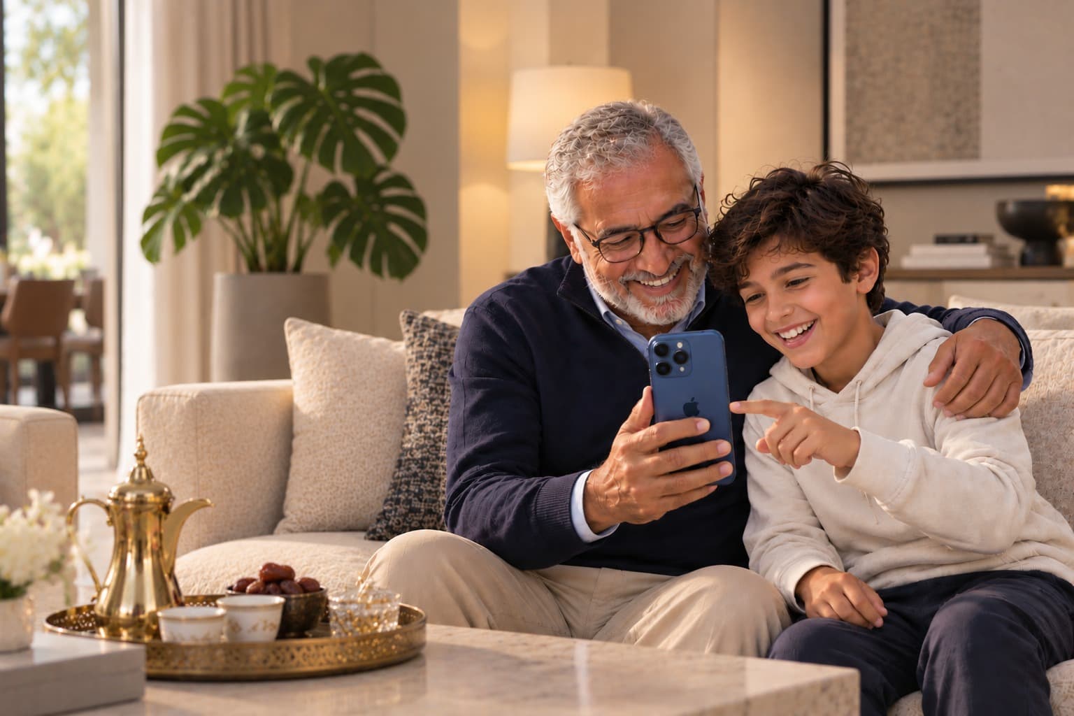 A grandfather and his grandson laughing at a new iPhone on the sofa at home