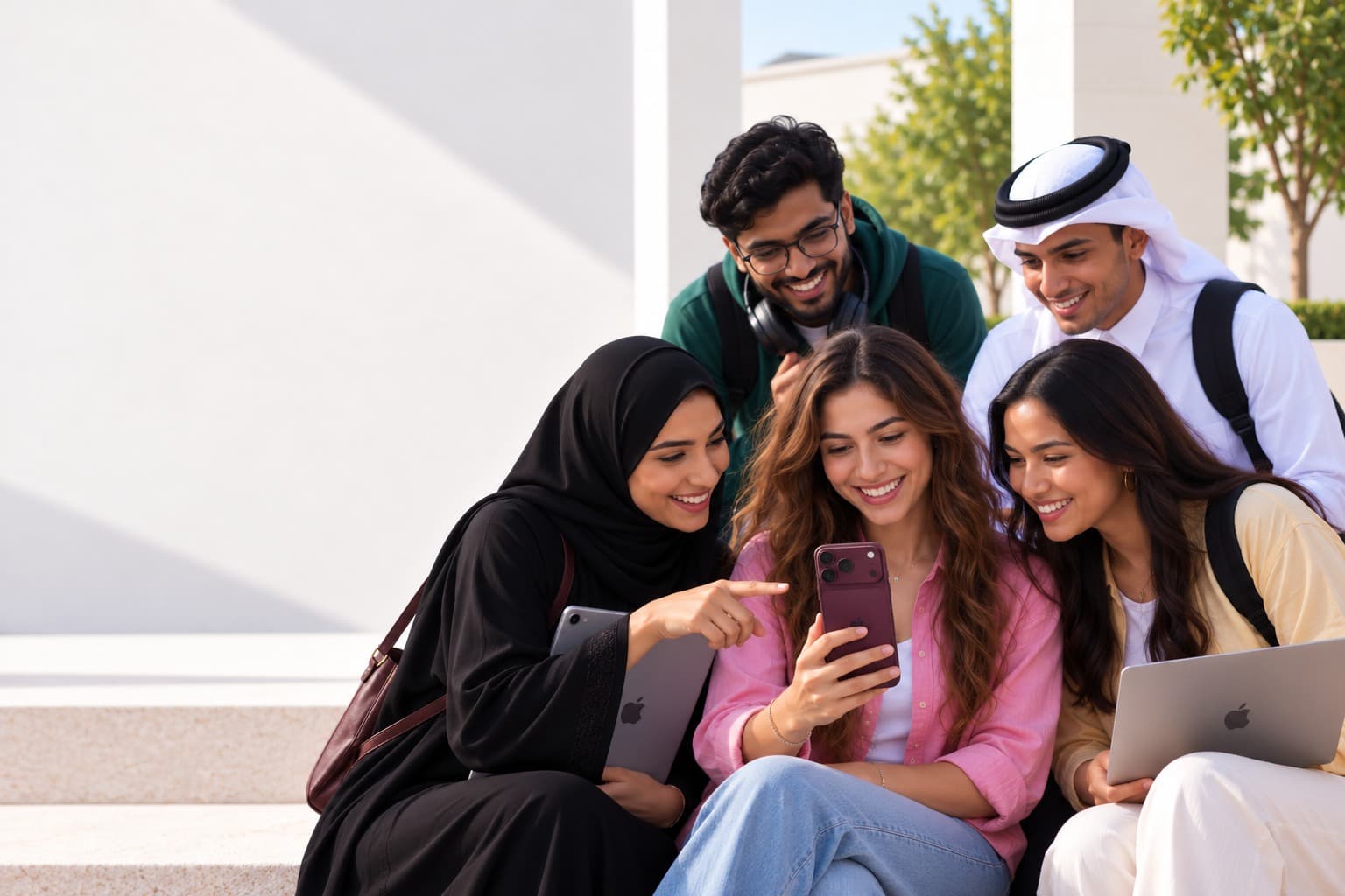 Five friends on sunlit steps, smiling at a new burgundy iPhone, with an iPad and a MacBook in hand