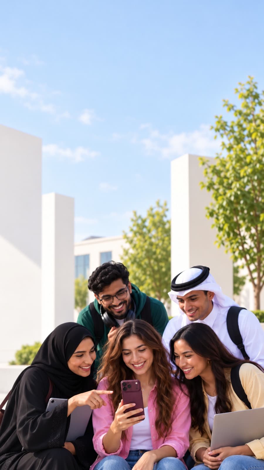 Five friends on sunlit campus steps, laughing over a new burgundy iPhone
